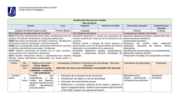 Planificación Unidad 1 Lenguaje 2° Básico