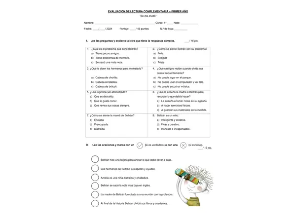 Prueba de lectura complementaria "Se me olvidó"
