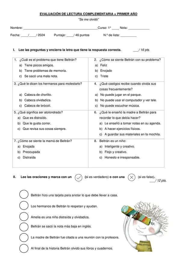 Prueba de lectura complementaria "Se me olvidó"