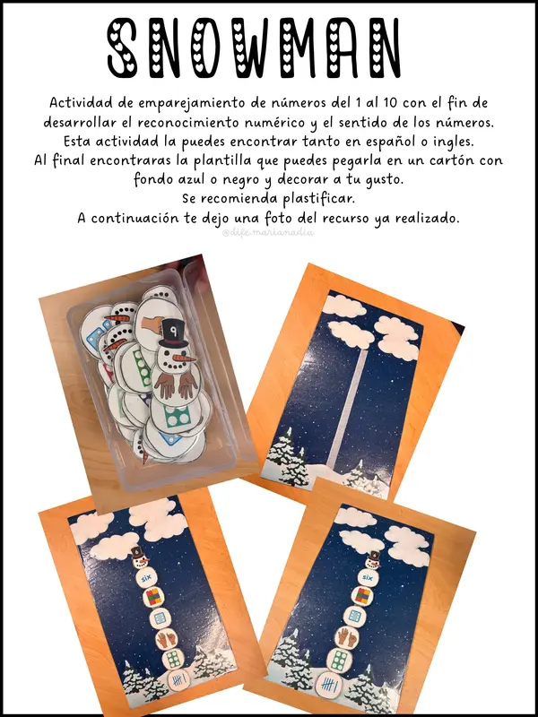 Snowman: Actividad de emparejamiento de números del 1 al 10 