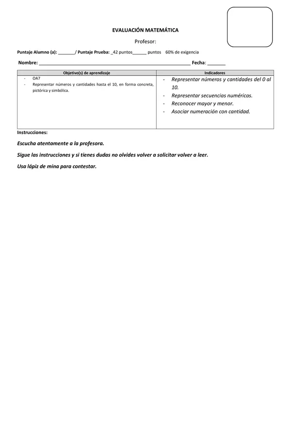 Evaluación de matemática números y conteo de elementos.