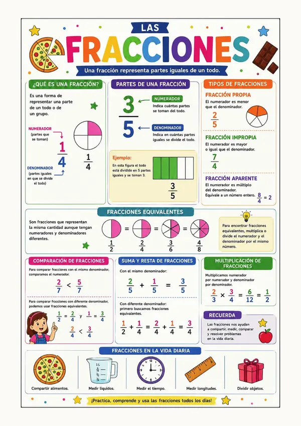 Póster Educativo de Fracciones | Matemática Primaria | Cartel Imprimible Didáctico para Aula