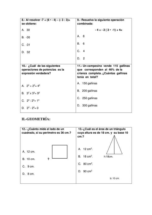 PRUEBA DIAGNOSTICO MATEMATICA, CON SOLUCIONES CATEGORIZADAS  OCTAVO BASICO