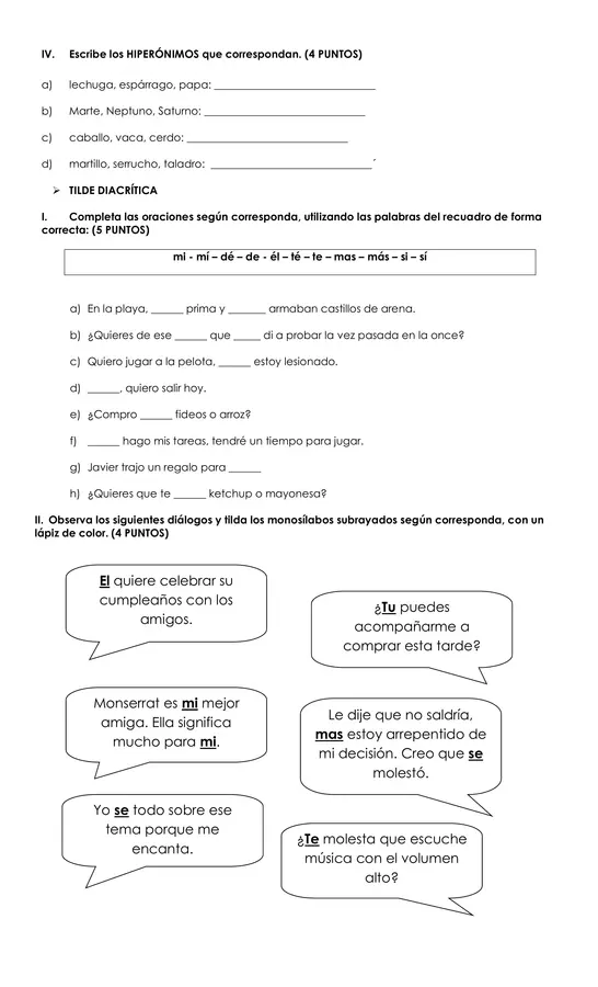 Hipónimos, hiperónimos, sinónimos, antónimos y tilde diacrítica”