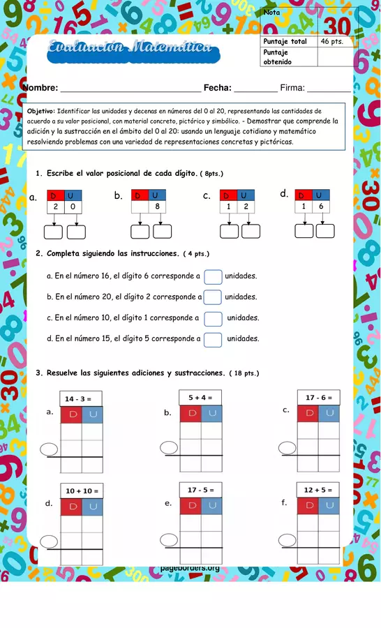 evaluación números hasta el 20