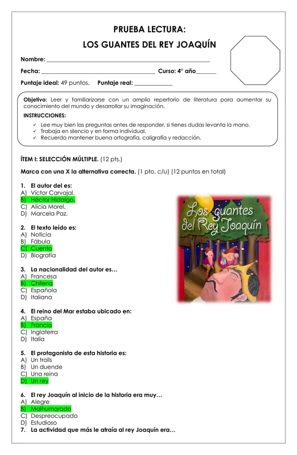 Prueba Lectura - Los guantes del Rey Joaquín