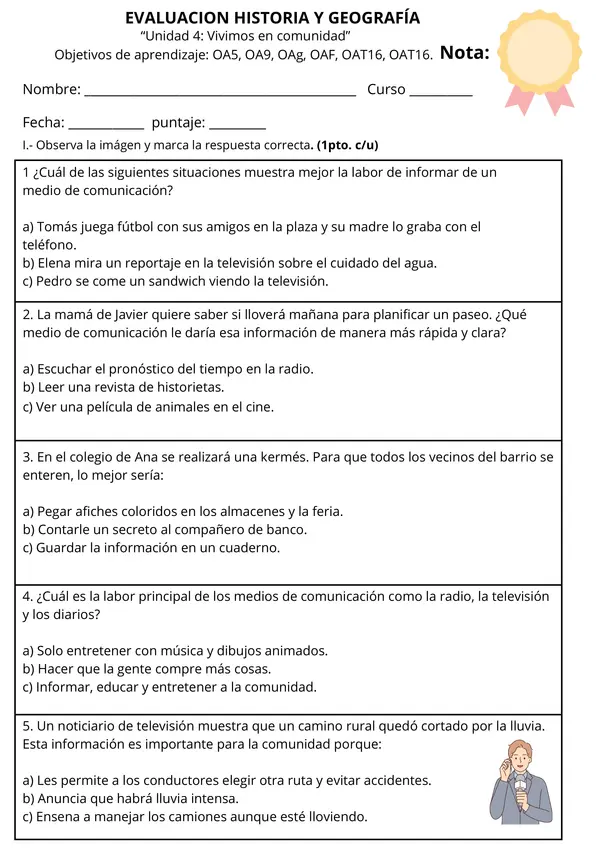 Evaluación Segundo Básico “Vivimos en Comunidad” – Historia y Geografía
