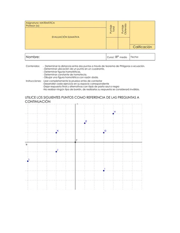 Evaluación de Geometría Analítica y Homotecia para III° Medio, distancia entre 2 puntos