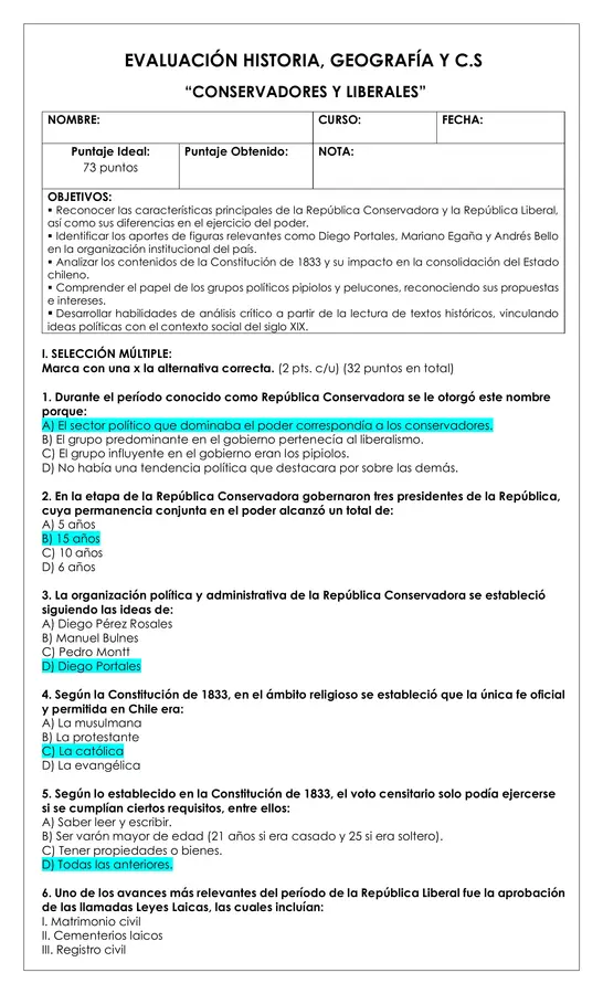 Prueba Historia 6° - Conservadores y Liberales