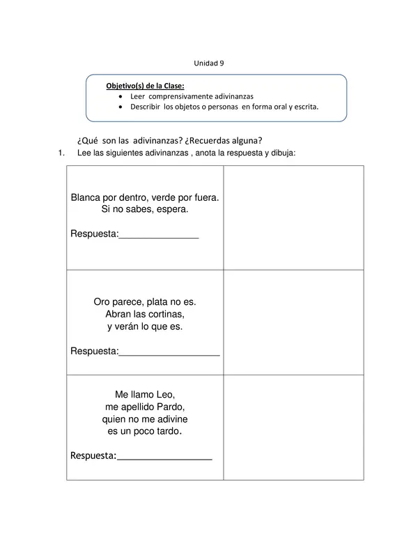 Guia de Creacion de Adivinanzas para Lenguaje 1 Basico