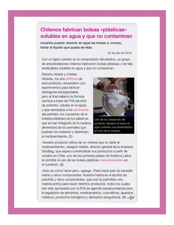 Comprensión lectora: Noticia - Chilenos fabrican bolsas plásticas solubles
