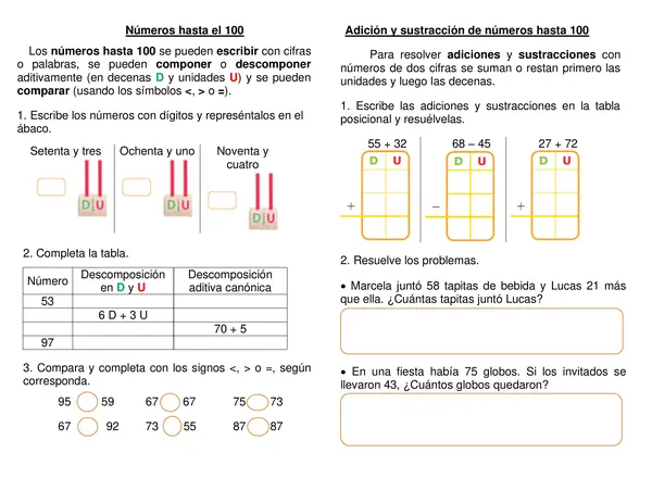 Guía de síntesis " Números hasta 100" "Suma y resta hasta 100"
