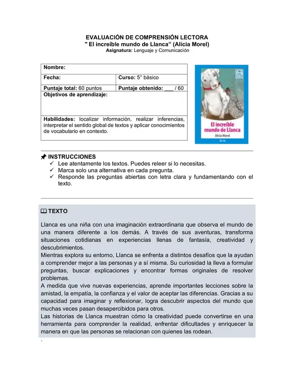 Prueba del libro " El increíble mundo de Llanca” (Alicia Morel)