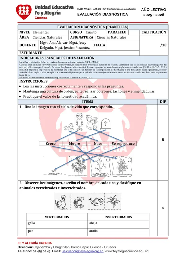 EVALUACIONES DIAGNOSTICAS DE CUARTO DE BASICA 