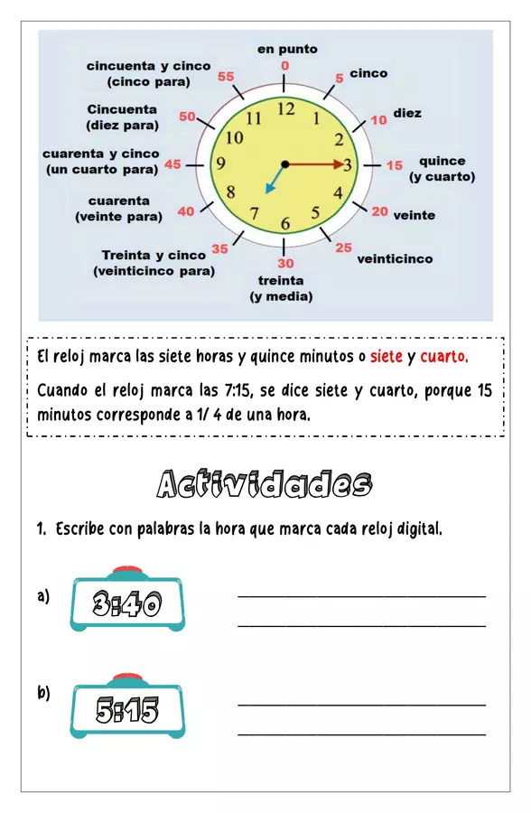 Guía de trabajo (1) - Reloj análogo y digital  - 3° básico