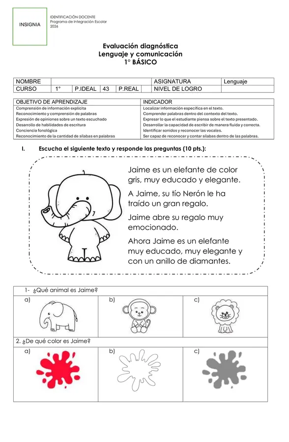 EVALUACIÓN DIAGNOSTICA PRIMERO BÁSICO PIE