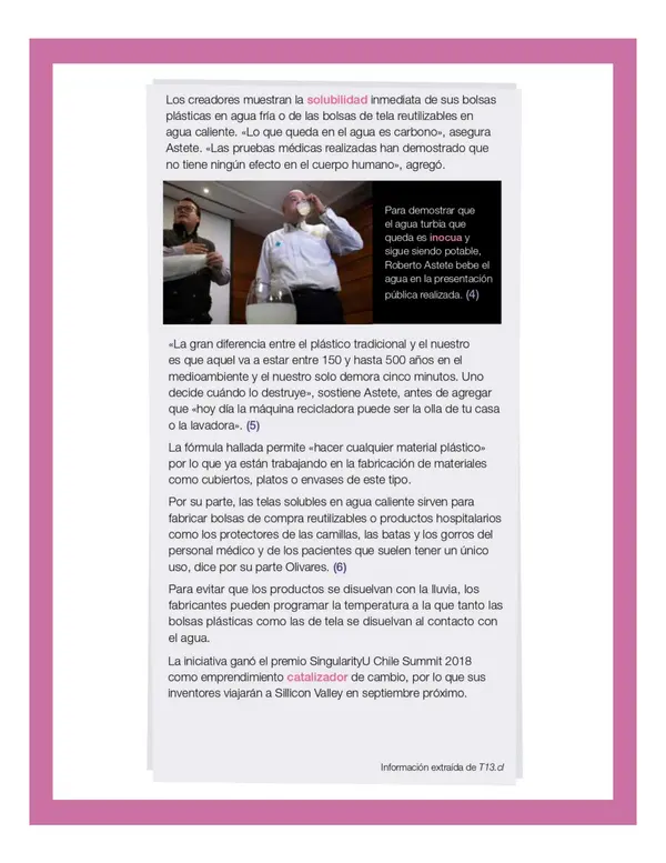 Comprensión lectora: Noticia - Chilenos fabrican bolsas plásticas solubles