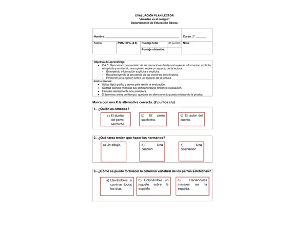 📚 Evaluación Plan Lector: “Amadeo va al colegio” – 2° Básico