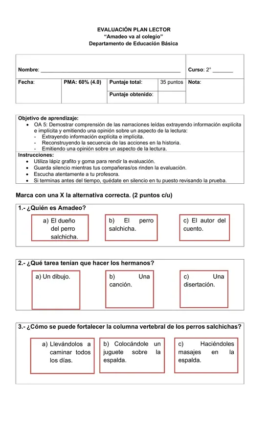 📚 Evaluación Plan Lector: “Amadeo va al colegio” – 2° Básico