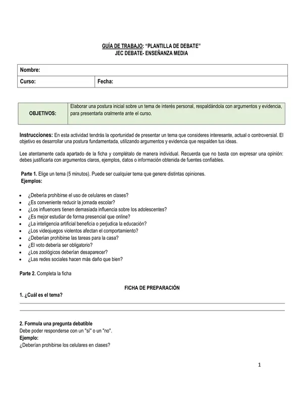 GUÍA DE TRABAJO: PLANTILLA DE DEBATE