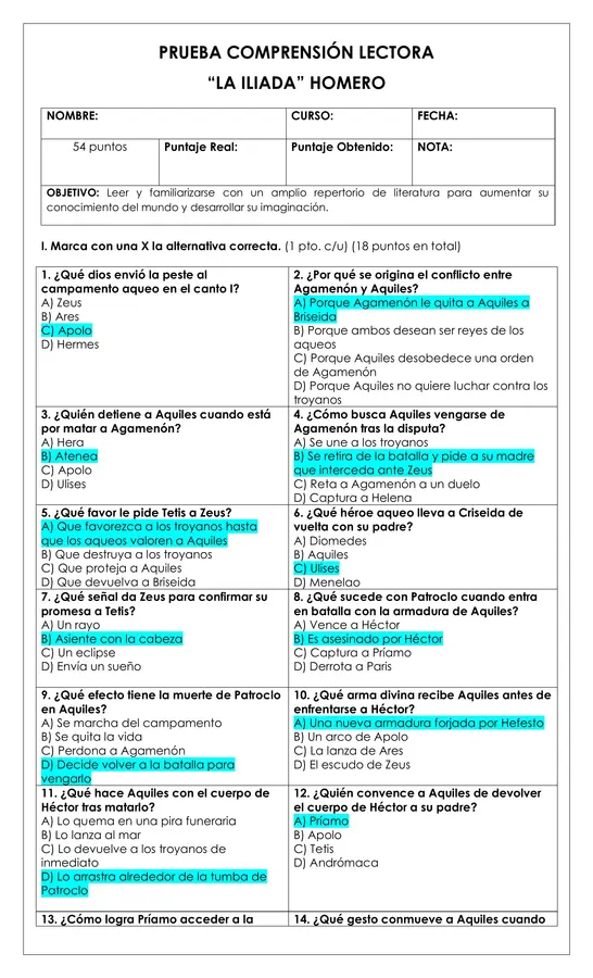 Prueba Lectura - La Iliada 
