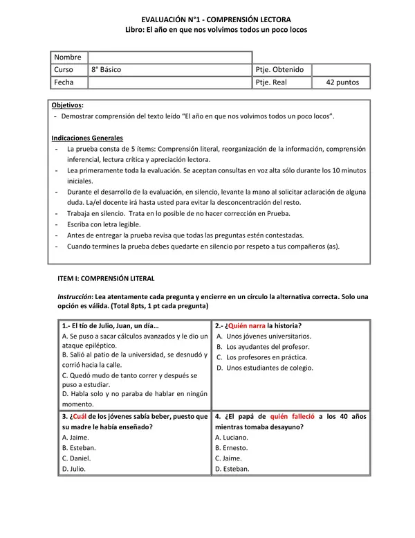 EVALUACIÓN EL AÑO QUE NOS VOLVIMOS UN POCO LOCOS 
