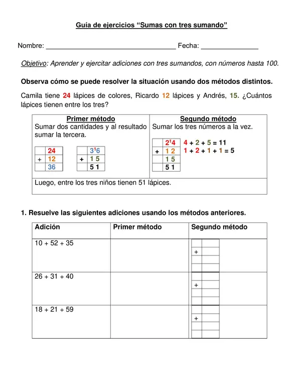 Guía "Sumas con tres sumandos" 2° año.