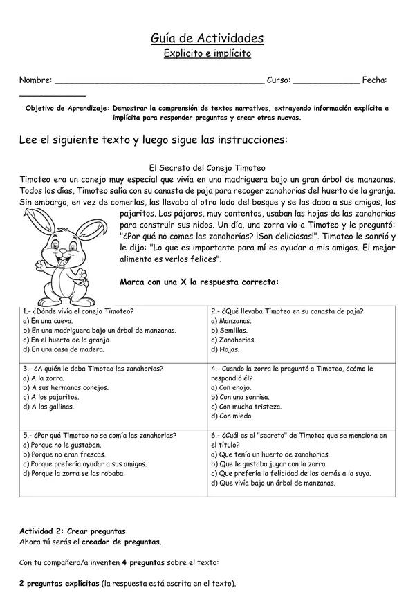 Guias de comprension lectora extraccion de info Explicito e implicito Tercero Basico