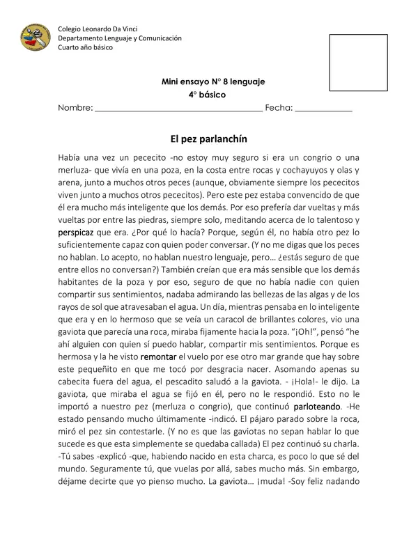 Mini ensayo N°8 Simce Lenguaje 4° básico