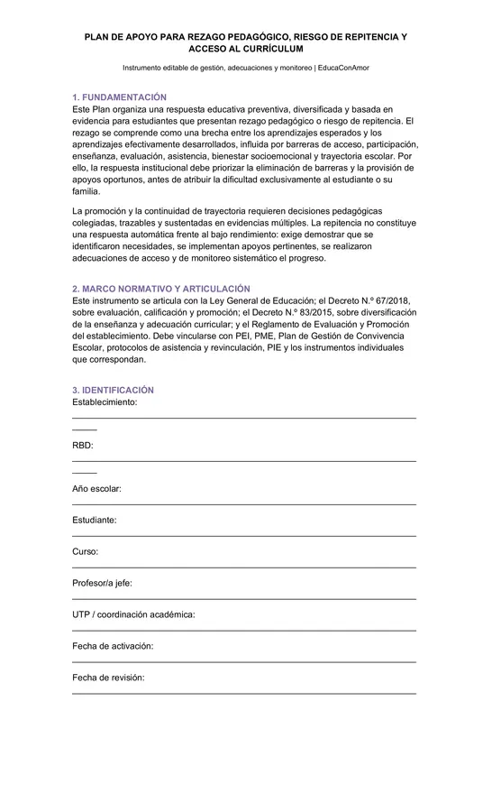 Plan de Apoyo para Rezago Pedagógico, Riesgo de Repitencia y Acceso al Currículum