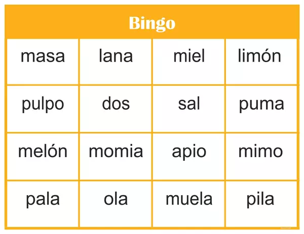 Bingo de palabras con m l, s, n, d, p.