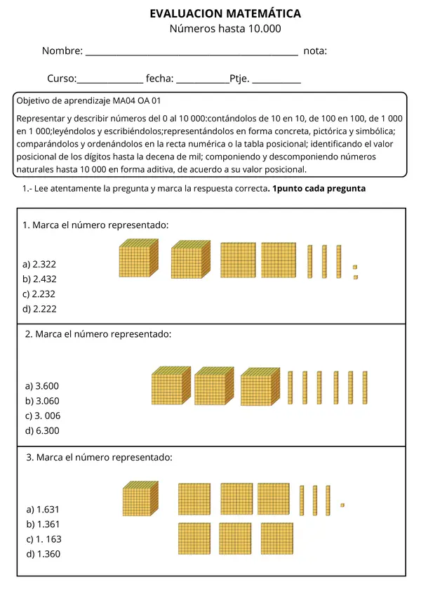 Prueba Números hasta 10.000 | Matemática
