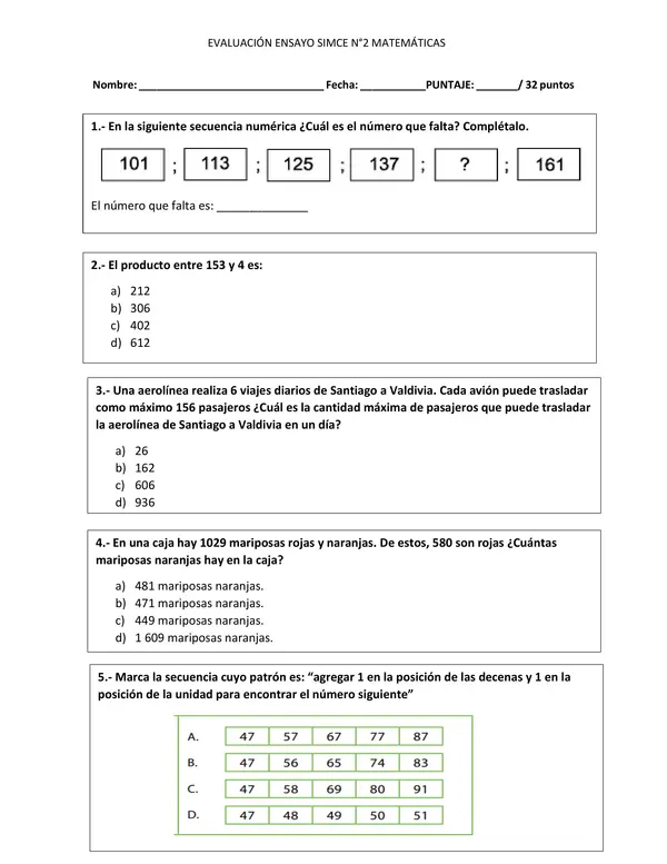Evaluación ensayo SIMCE N°2 - Matemáticas