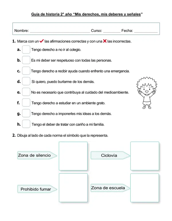 Guía de historia 2° año "Mis derechos, mis deberes y señales"