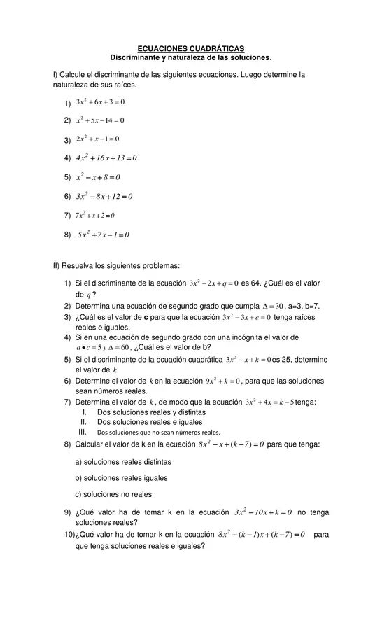 Ecuacion_cuadratica_Discriminante_y_naturaleza_de_las_soluciones, Tercero Medio, matematicas 