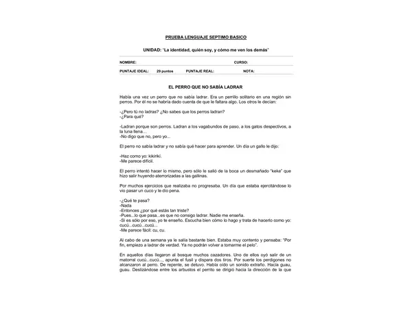 Evaluacion de Identidad y Comprension Lectora para Lenguaje 7 Basico