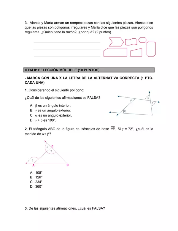 Prueba Poligonos unidad 3 , Matematicas Septimo Basico con Soluciones