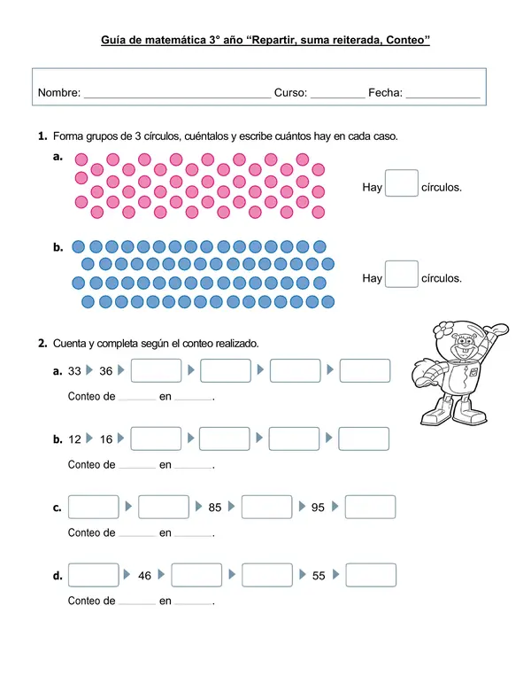 Guía de matemática "Repartir, Suma reiterada, Conteo, Problemas"