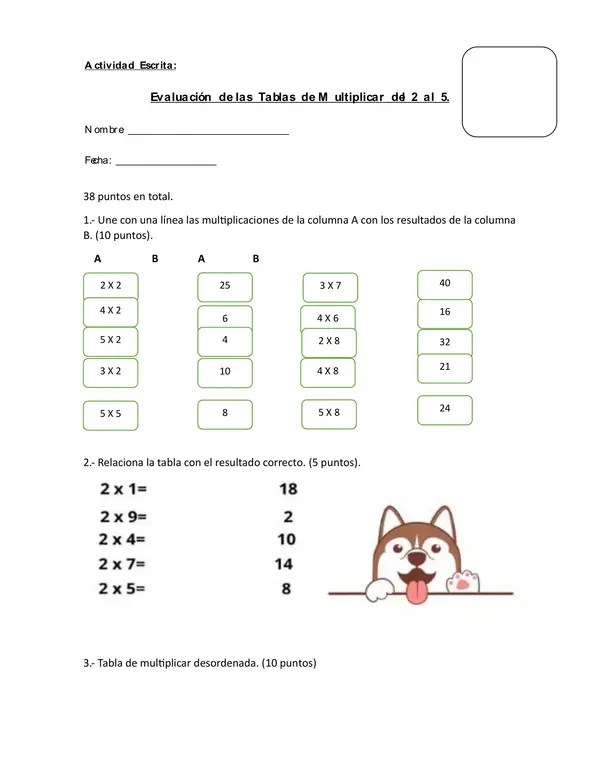 Test de Matemática tablas de multiplicar 2 al 5