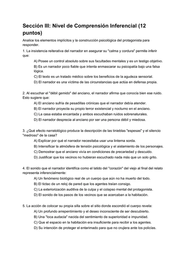 Examen de Comprensión Lectora: "El Corazón Delator" de Edgar Allan Poe