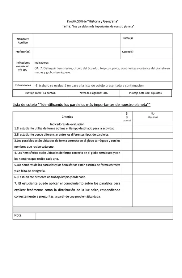 TABLA DE COTEJO EVALUACIÓN Los paralelos más importantes de nuestro planeta