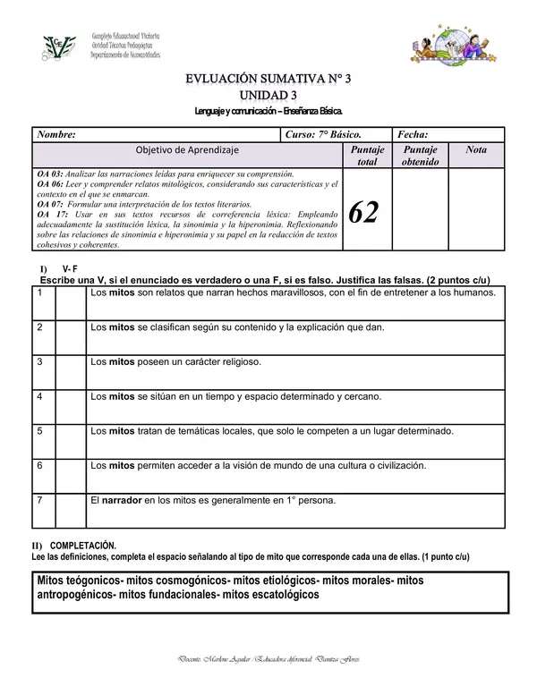 PRUEBA UNIDAD MITLOGÍA/ RECURSOS DE CORREFERENCIA. 7° BÁSICO