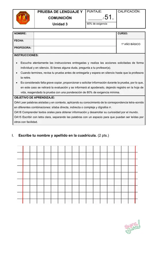 Prueba de Lenguaje Unidad 3 Primero básico