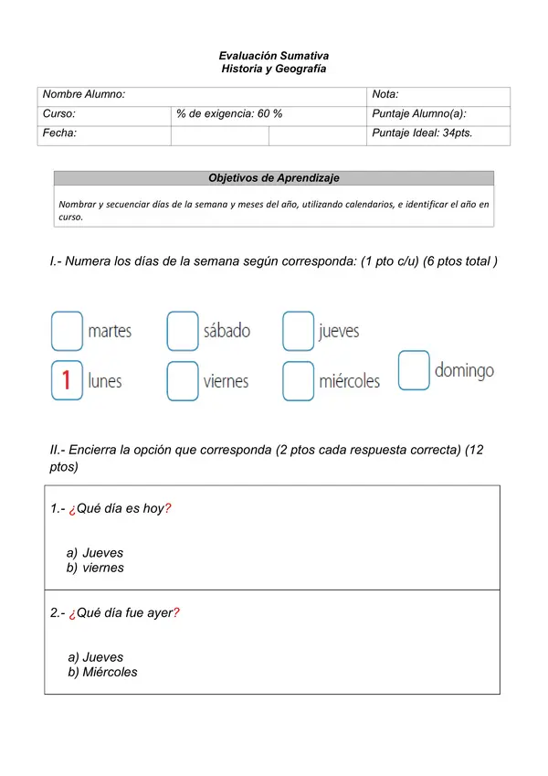 Evaluación de Historia Primero Básico 