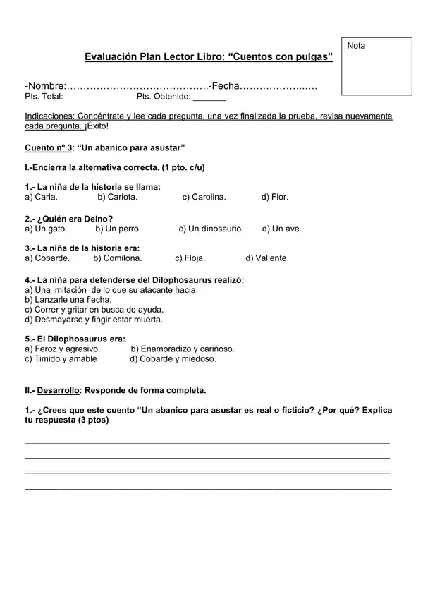 Evaluación libro "Cuentos con pulgas" de Saúl Schkolnik. 
