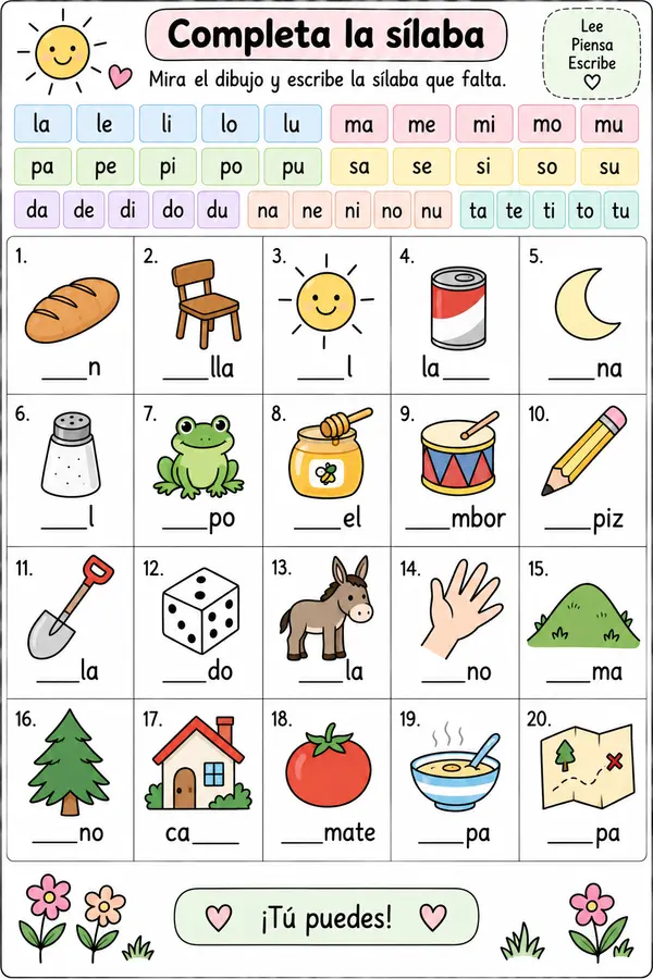 Completa la sílaba – Actividad de lectoescritura para primeros lectores | Ficha imprimible