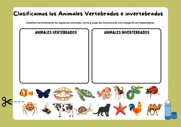 Actividad Interactiva: Clasificación de Animales Vertebrados e Invertebrados (Cortar y Pegar)