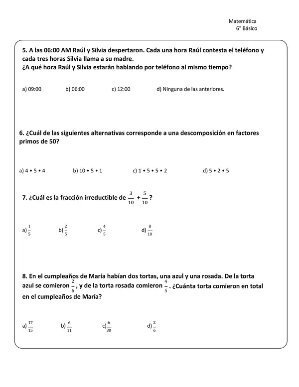 ENSAYO SIMCE 6° BÁSICO MATEMÁTICA