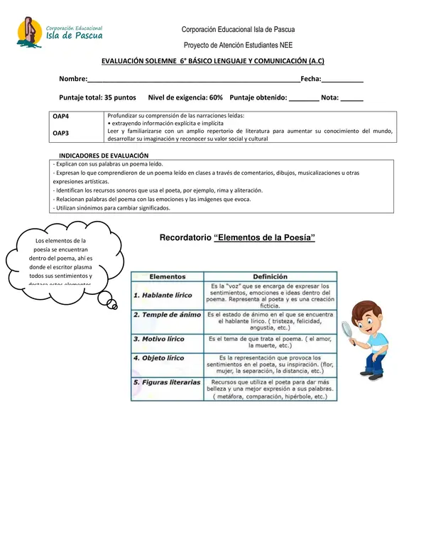 EVALUACIÓN SOLEMNE  6° BÁSICO LENGUAJE Y COMUNICACIÓN (A.C)