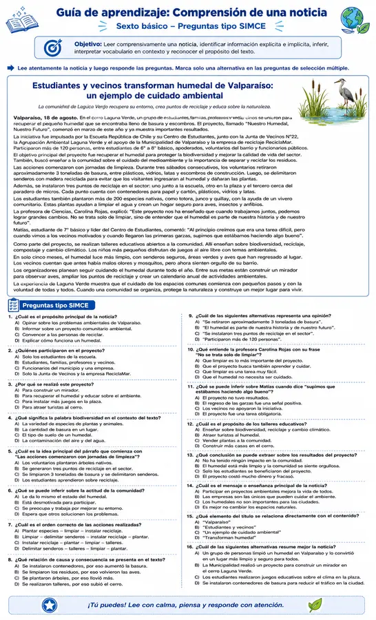 Guia noticia humedal: Preguntas tipo SIMCE